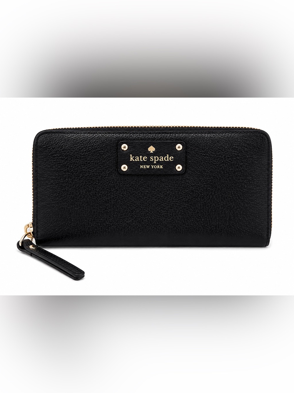 Kate Spade Black Leather Zip Around Continental Wallet Gold Logo - Picture 2 of 12